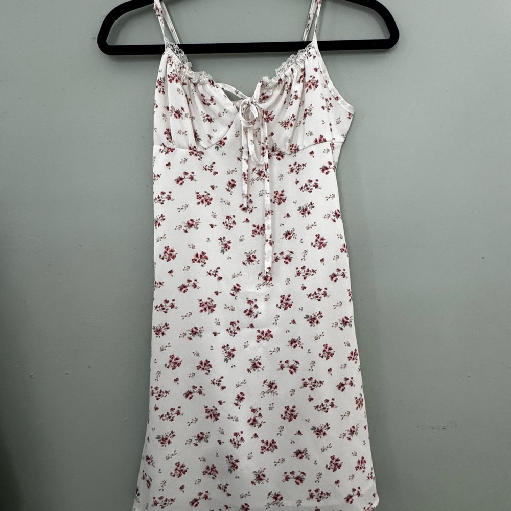 SHEIN White Pink Satin Mini Slip Dress XS Floral Lace Adjustable Straps  spring